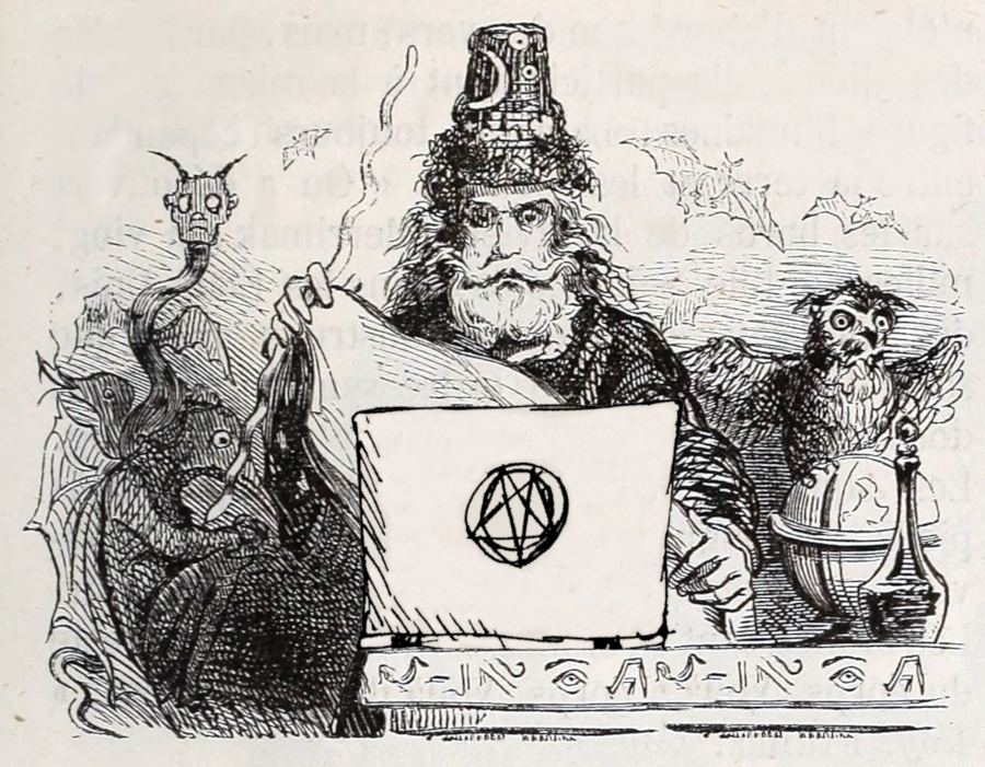 A sorcerer, surrounded by mystical symbols and mythological creatures, looks disgusted at his laptop screen.