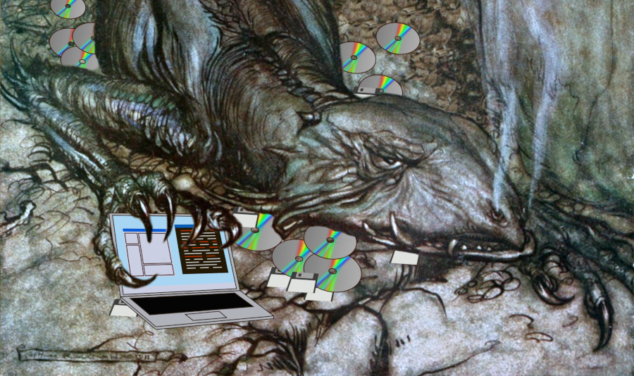A dragon lying on a heap of computer discs.