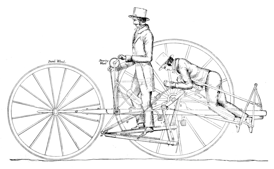 Two men operating a very strange bicycle.