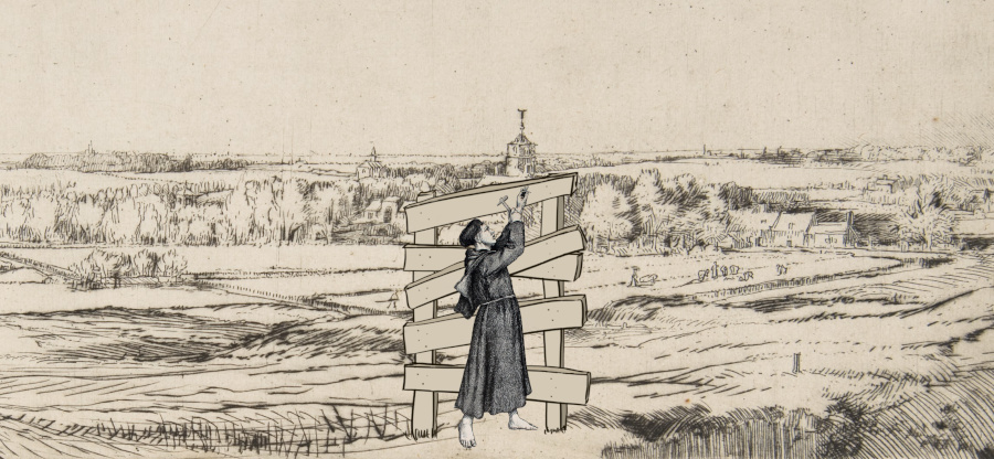 A doorway in the middle of a field and a monk boarding it up.