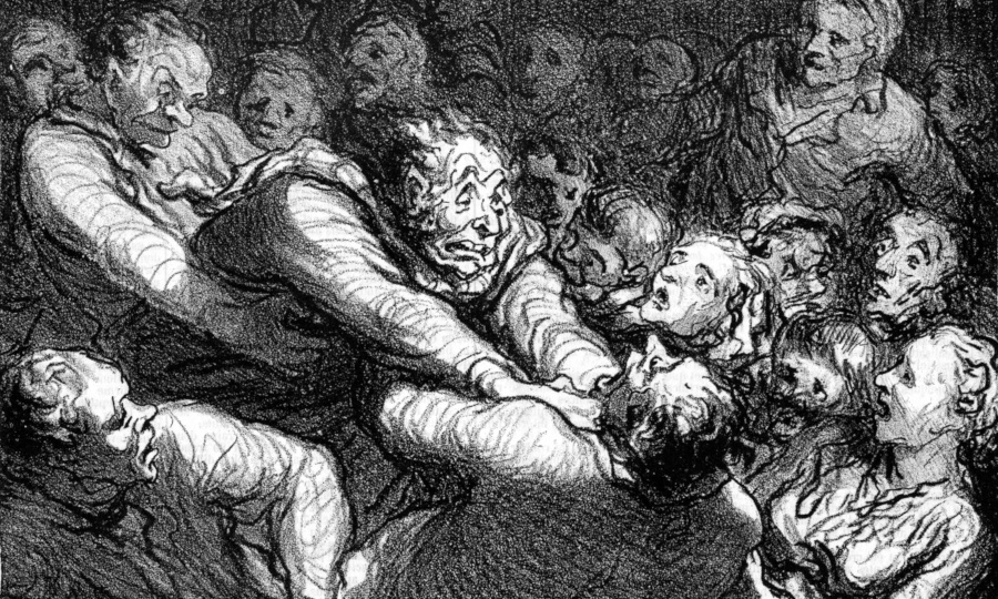 Two men fight, one strangling another, surrounded by a horrified crowd.