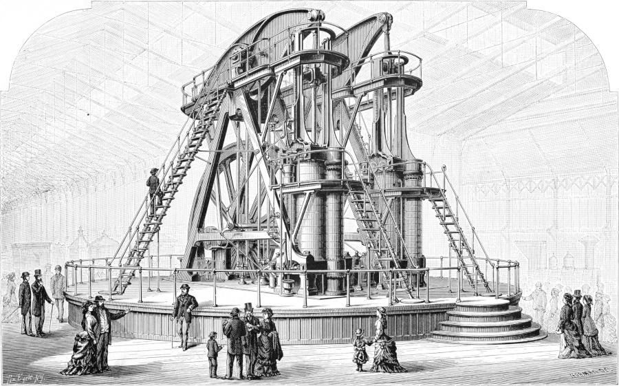 A gigantic steam engine surrounded by people in 19th century clothes, and a man climbing some stairs that take him to the top of the machine.